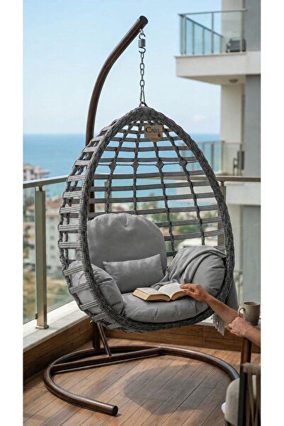 DEMHARİS Tek Kişilik Rattan Gümbet Bahçe Salıncağı Minderli Balkon Teras Salı...