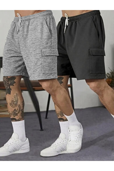 MARECASH 2li Düz Şort Erkek Regular Fit Şort Siyah-Gri Yazlık