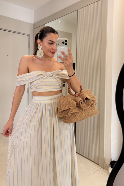 Gizem Ecemiş Woire Mavi Çizgili Keten Crop