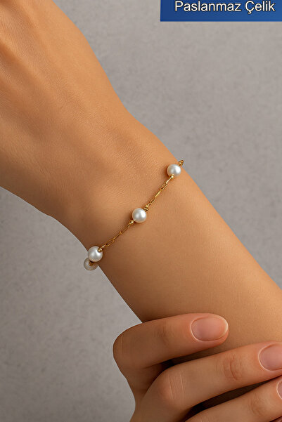TREND COLLECTİON Stainless Steel Gold Pearl Detailed Adjustable Women's Bracelet