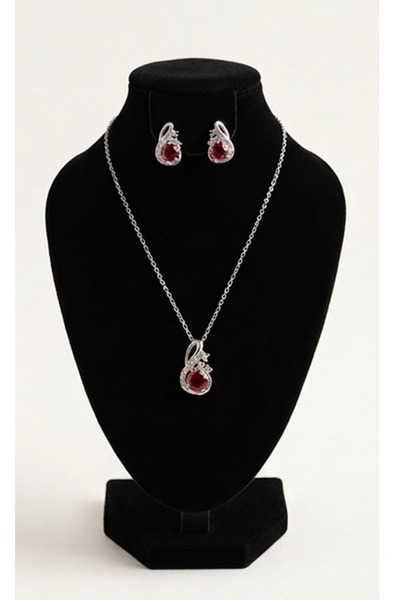 OEM Women's Jewelry Top Bottom Set 925 Silver Necklace + Red Zirconia Earring...