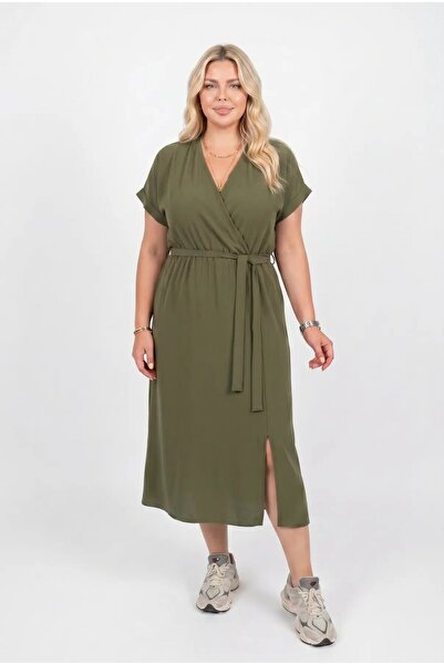 hazelin Women's Khaki V-Neck Belted Ayrobin Fabric Plus Size Dress Hzl26S-Zss...