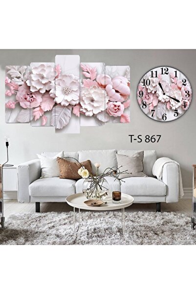 BellaaaModa Çiçekli Dekoratif Desenli Mdf Tablo 5 Parça Set ve Saatli Takım, ...