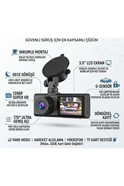 Hanedanev Geri Görüş Kameralı 1296P Super HD Araç İçi Ön ve Arka Kamera | Gec...