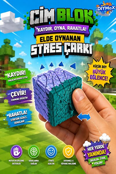 DIYMaX Minecraft Fidget Çim Küp 3.5cm | Pixel Art Kaydırmalı Stres Oyuncağı –...