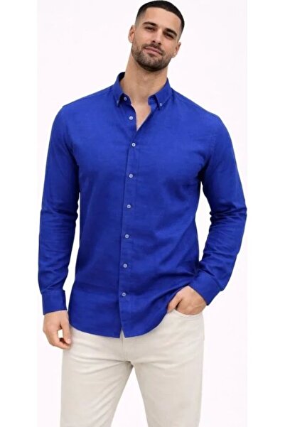 civetta Men's Linen Fabric Oversize Long Sleeve Comfortable Fit Shirt Saks Blue