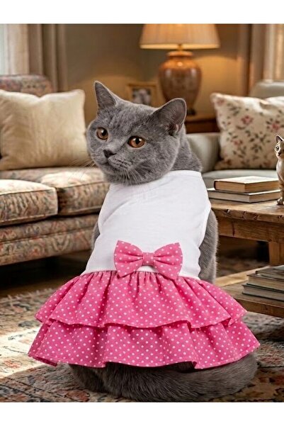 Peti Tailor Kedi Elbisesi Beyaz Pembe Puantiyeli Kat Kat Fırfırlı Kedi Kıyafeti