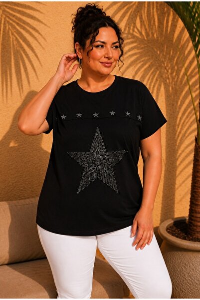 FOR ESRA BIG TREND Women's Black Plus Size Front Mesh Piece Stone Star Print ...
