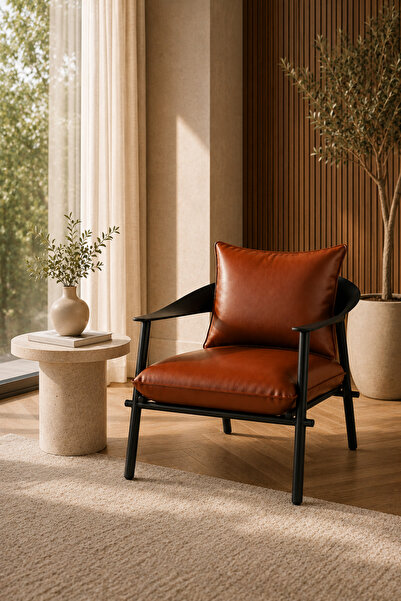 MARIA HOMES Modern Brown Faux Leather Lounge Chair with Black Metal Frame - C...