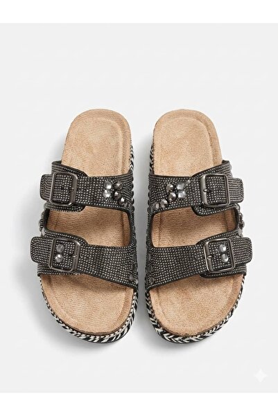 diclepolat Women's Black Suede Platinum Stone Double Buckle Platform Slippers...