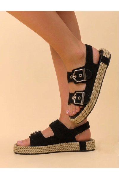 RMY SHOES Women's Black Double Buckle Straw Sole Daily Comfort Sandals