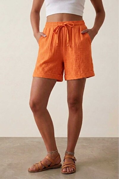 madam trend Orange Orange Women's 100% Cotton Muslin Fabric Shorts with Elast...