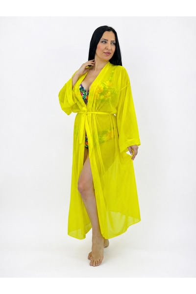 Pierre Cardin Plus Size Long Sleeve Tulle Women's Kaftan Pareo with Waist Tie