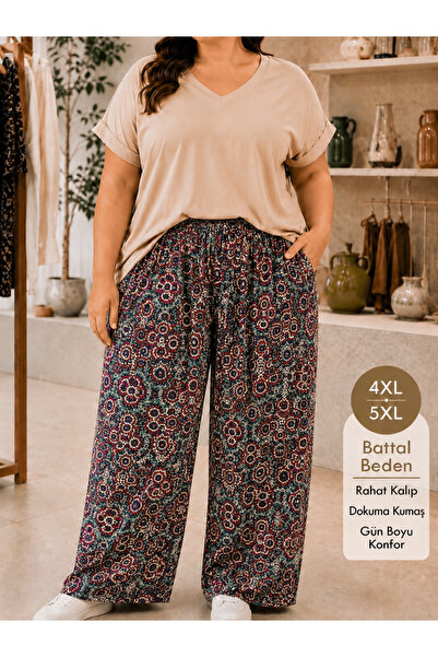 Store Büyük Beden Dokuma Kumaş Desenli Pantolon 4XL-5XL Lastikli Bel Rahat Kalıp