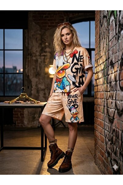 DENİKK Trend Digital Stone Print Embroidery Sequin Oversize Short Sleeve Spor...