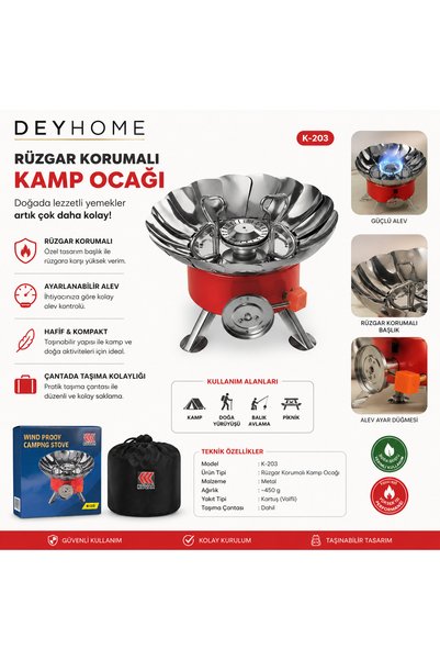 DEYHOME Rüzgar Korumalı Kamp Ocağı 2800W Portatif Gaz Kartuşlu Kamp Piknik Do...