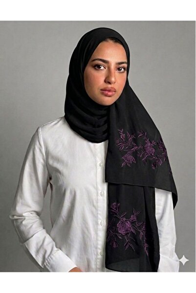 Veil Designer Black Two-Layered Fabric with Embroidery on Both Sides, Rose Br...