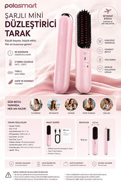 Polosmart Şarjlı Mini Düzleştirici Tarak Lady Pink - At Çantana