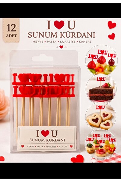 ANC 12 Adet I Love You Kalpli Sunum Kürdanı – Meyve Pasta Kurabiye Kanepe Kok...