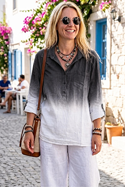alle moda %100 Keten Düğmeli Gömlek Yaka Degrade Katlanabilen Kollu Salaş Ket...