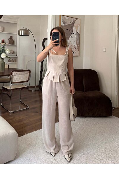 codudem Summer Blouse Pants Linen Beige Set