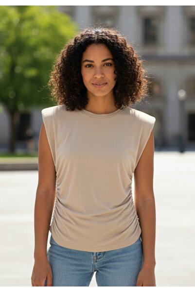 ELEGANZA Women's cream sleeveless T-shirt with elastic side pleats