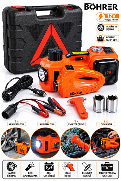 BÖHRER 12V Elektrikli Kriko (5 Ton) + 150 PSI Kompresör + 480 Nm Somun Sökme ...