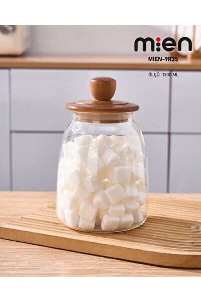 MİEN 1200ml Acacia Lid Borosilicate Glass Jar
