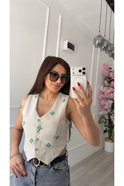 Daves Green Ethnic Patterned Embroidered Woven Vest