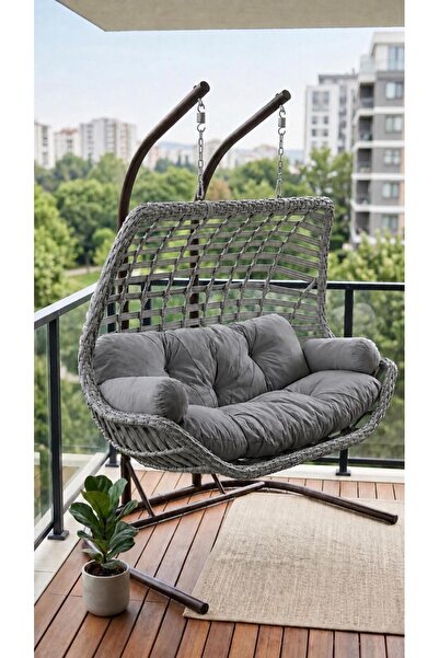 Genel Markalar Krem Minderli Oval Rattan Bahçe Balkon Salıncağı