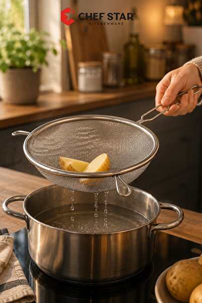 Chefstar 22 CM PASLANMAZ ÇELİK KULPLU TEL KEVGİR MUTFAK SÜZGECİ