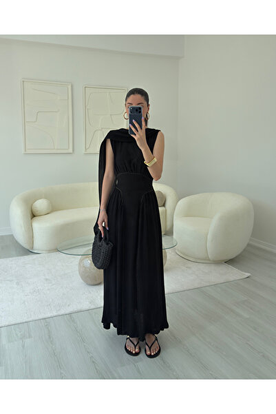 LUUNA STORE SİYAH BELDEN OTURTMALI ŞAL DETAYLI ELBİSE