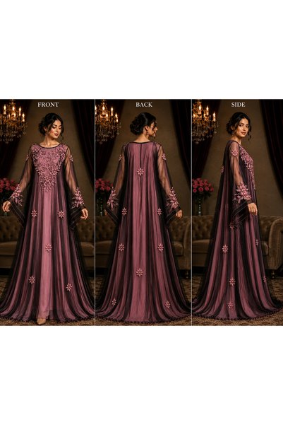 Bab almadina collection Trendyol Modest Floral Embroidered Cape Sleeve Evening Gown - Dusty Pink & Black
