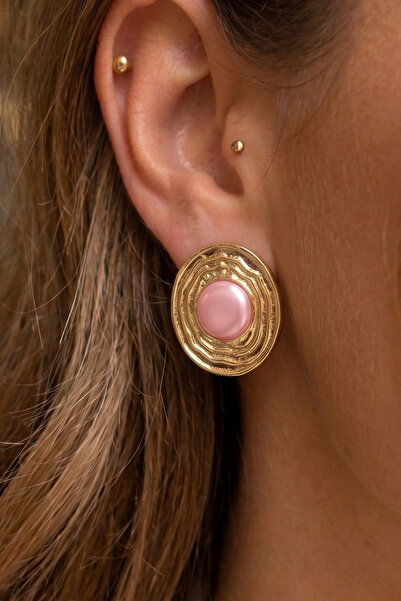 AURRARİ Vintage Pink Enamel Striped Upright Ellipse Earrings