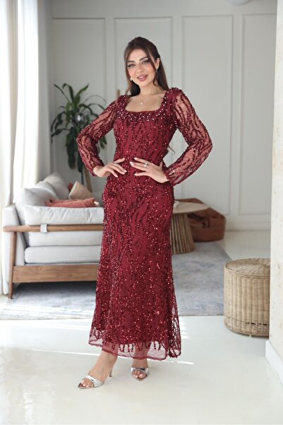 Nice Model Burgundy Evening Dress Full Sequins Crystal Beading and Pearls