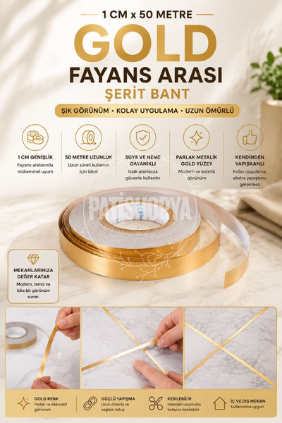 PATİSHOPYA Gold Fayans Arası Şerit Bant 1 Cm x 50 Metre Kendinden Yapışkanlı ...