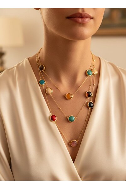 SR Jewelry Box Renkli Doğal Taş Detaylı Uzun Kolye & Küpe Seti – Altın Kaplam...