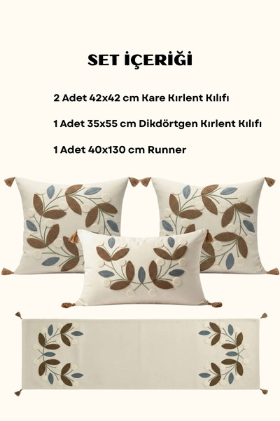 Valmia Home 4'lü Dekoratif Punch Nakışlı Püsküllü Kırlent Kılıfı ve Runner Se...