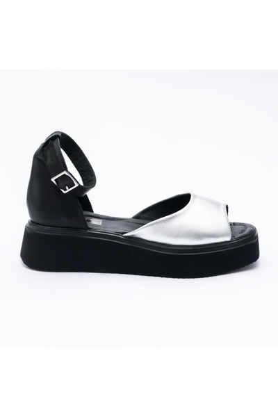 VAGAM Women's Sandals in Genuine Leather Black & Silver