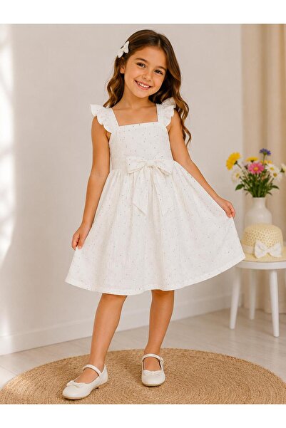 Kuzucuk Kids Bebek Çocuk Butik Kız Çocuk Beyaz Elbise Fırfır Kollu Taşlı Şık ...