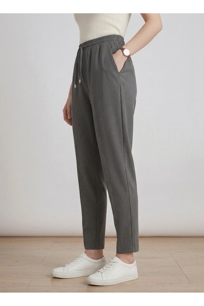 Milera Gray Elastic Waist Lace-Up Comfortable (Classic/Carrot) Cut Double Fabric Trousers