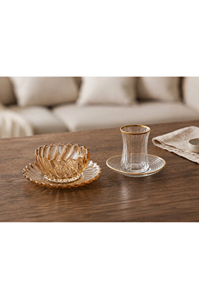 ASSA BAZAAR 22 Parça Gold Cam Çay Bardağı ve Çerezlik Seti | İkramlık Sunum T...