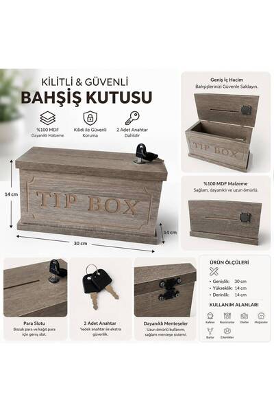 BOZKURT CNC Kilitli Bahşiş Kutusu - %100 MDF Tip Box 2 ANAHTARLI ŞIK TASARIM ...