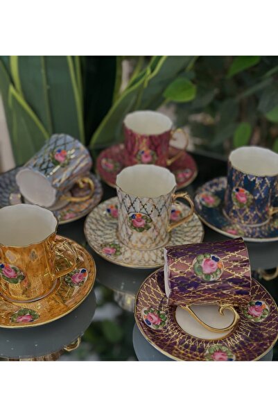 BY.RAYKA PORSELEN El Dekor Filizcan Porcelain Hand-Painted 6-Piece Cup Set