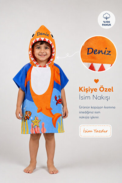 Minilee Minik Köpekbalığı - İsimli Çocuk Kapşonlu Panço Havlu – Deniz, Havuz ...