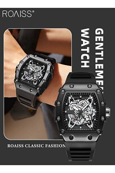 ROAISS Mens Rubber Strap Quartz Watch Analog Barrel Shaped Dial Skeleton Mech...