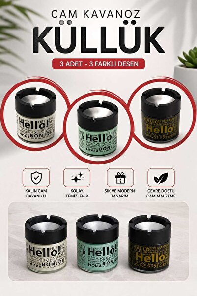 Herza House 3 Adet Yanmaz Yapışmaz Hello Desenli Cam Küllük | 425cc Desenli Cam Kokusuz Küllük