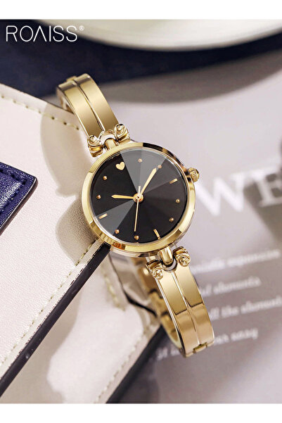 ROAISS Women's Gold Bracelet Quartz Watch Round Black Dial Waterproof Retro A...