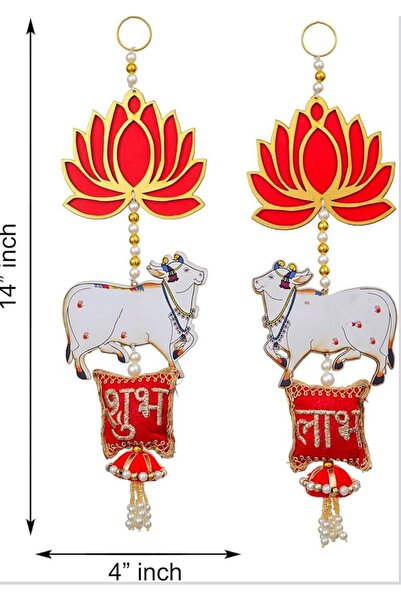 Divine Design Shubh Labh Hanging with Lotus, Cow, Pearl Beads, Red and Gold, ...