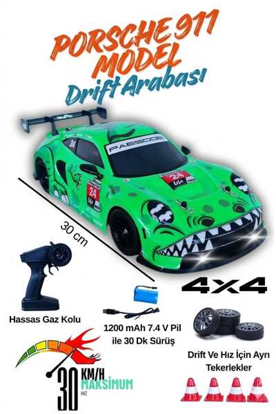 Aksoy Toys Uzaktan Kumandalı Drift Arabası Porsche 30KM Hız Yapan Işıklı Drif...